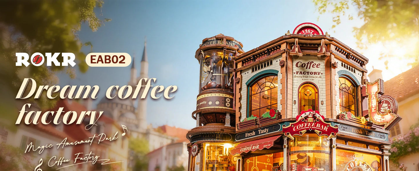 ROKR Wooden 3D Puzzle Dream Coffee Factory Music Box Model Building Kit 593-piece DIY Miniature House Kit with LED Light Unique Home Decor Gift for Adults Women