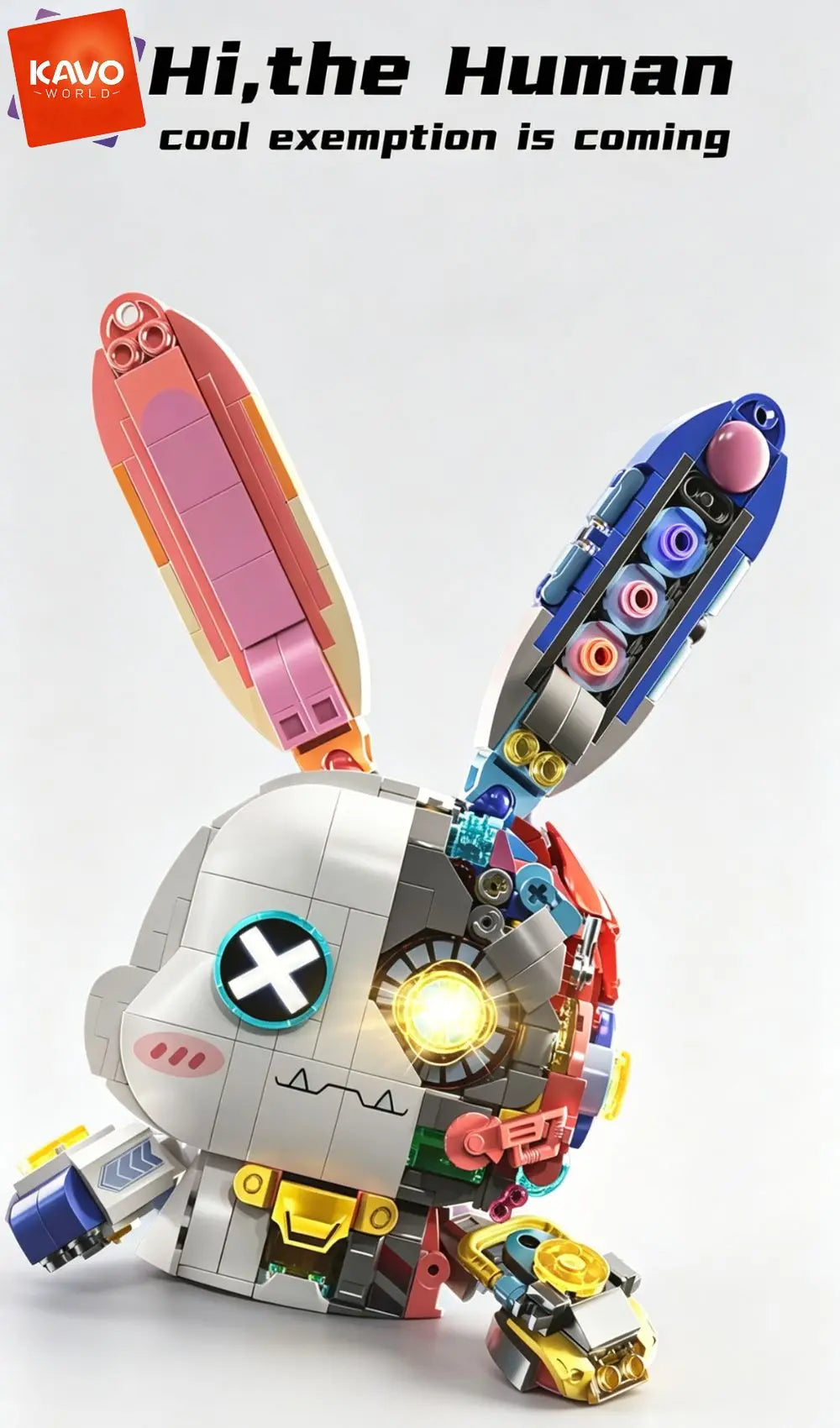 KAVOWORLD 1377pcs Mecha Technical Rabbit Building Blocks Set Cyber Bunny Model Kit Mechanical Animal Building Bricks Robot Bunny Figure Cyborg Toy Tech Bunny LED Light Up Glow in Dark Collectible Display Posable Joints DIY As