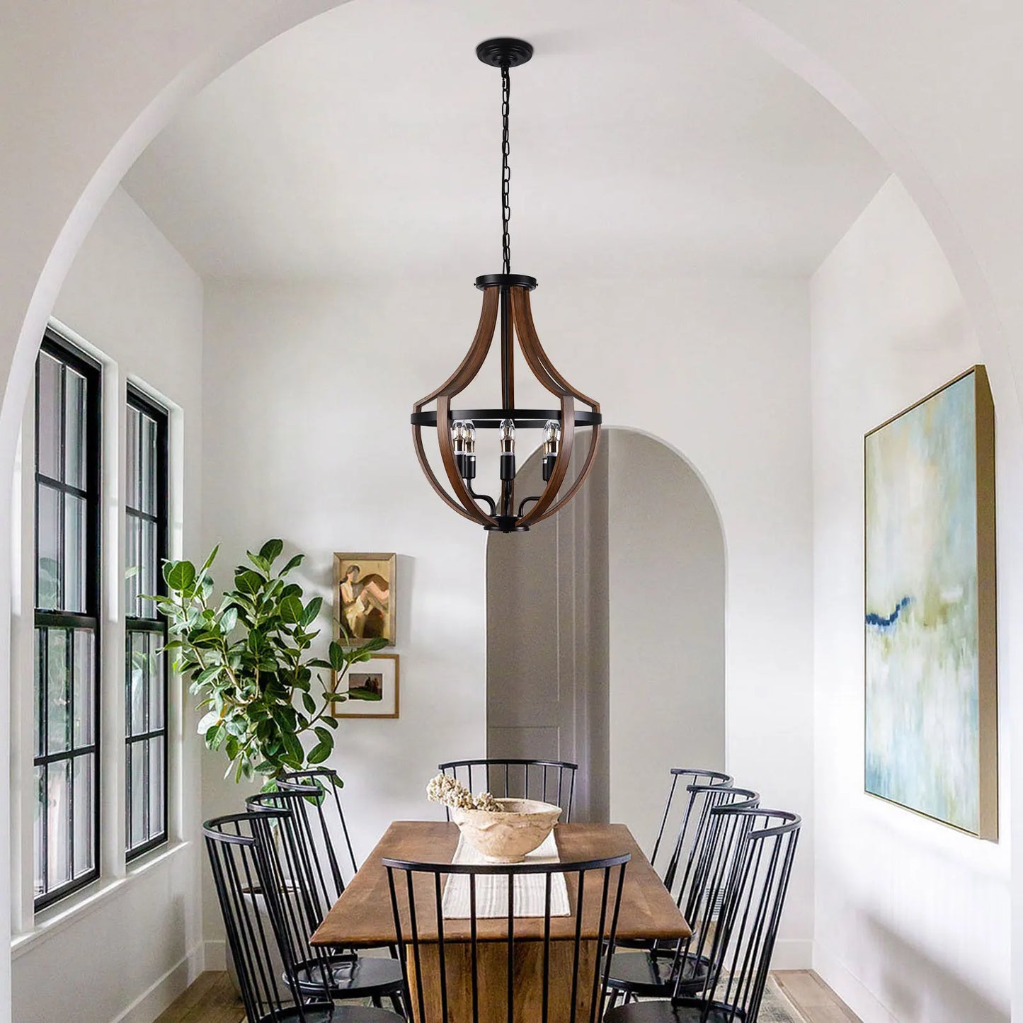 Modern Rustic Wooden Pendant Light Fixture - 17 Inch Diameter - Handmade Natural Wood Kitchen Dining Room Lighting