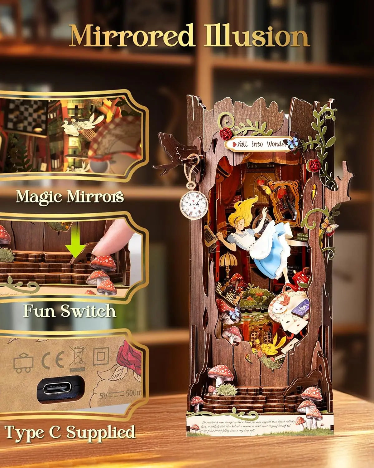 Robotime Rolife Book Nook Kits Fall into Wonder DIY Booknook with Lights Miniature House Kit 3D Wooden Puzzle Bookshelf Gift TGB