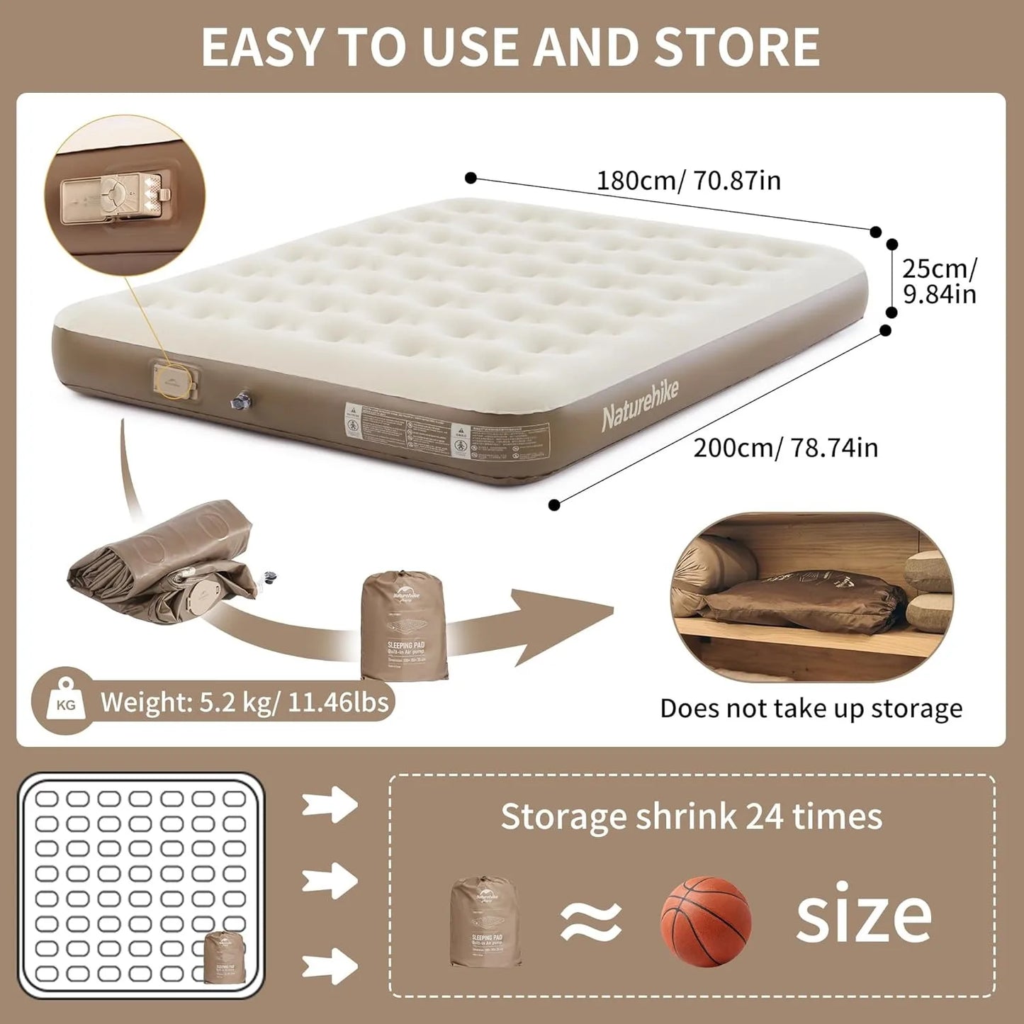 Naturehike Camping Mattress 3 Person Air Bed with Built-in Pump Outdoor Travel Beach Air Mattress Sleeping Mat 25cm Thickened
