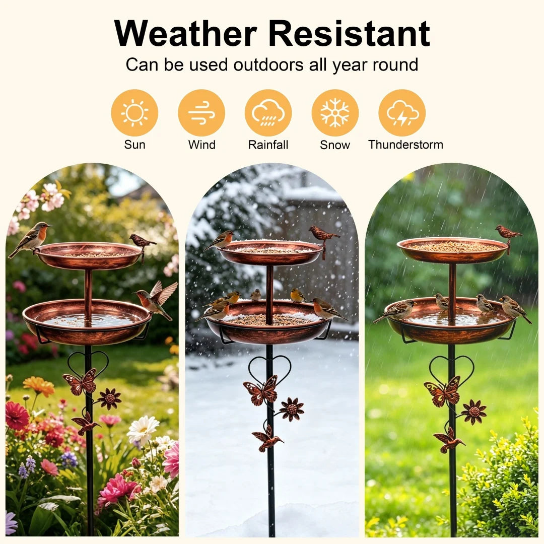 Outdoor Double-Layer Bird Feeder Birdbaths Bowl Freestanding Bird Bath Stand for Garden Yard Patio Decor with 5-Pronged Base