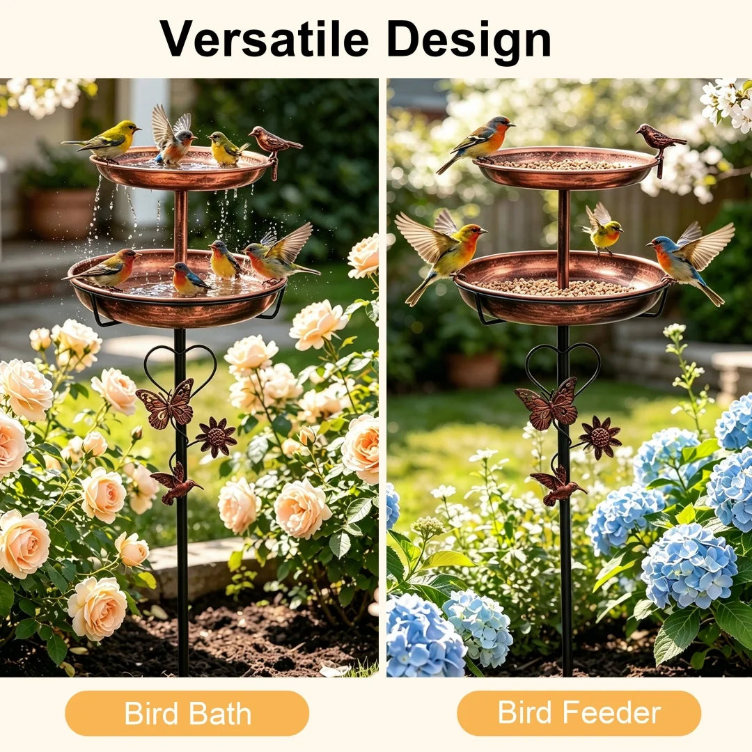 Outdoor Double-Layer Bird Feeder Birdbaths Bowl Freestanding Bird Bath Stand for Garden Yard Patio Decor with 5-Pronged Base