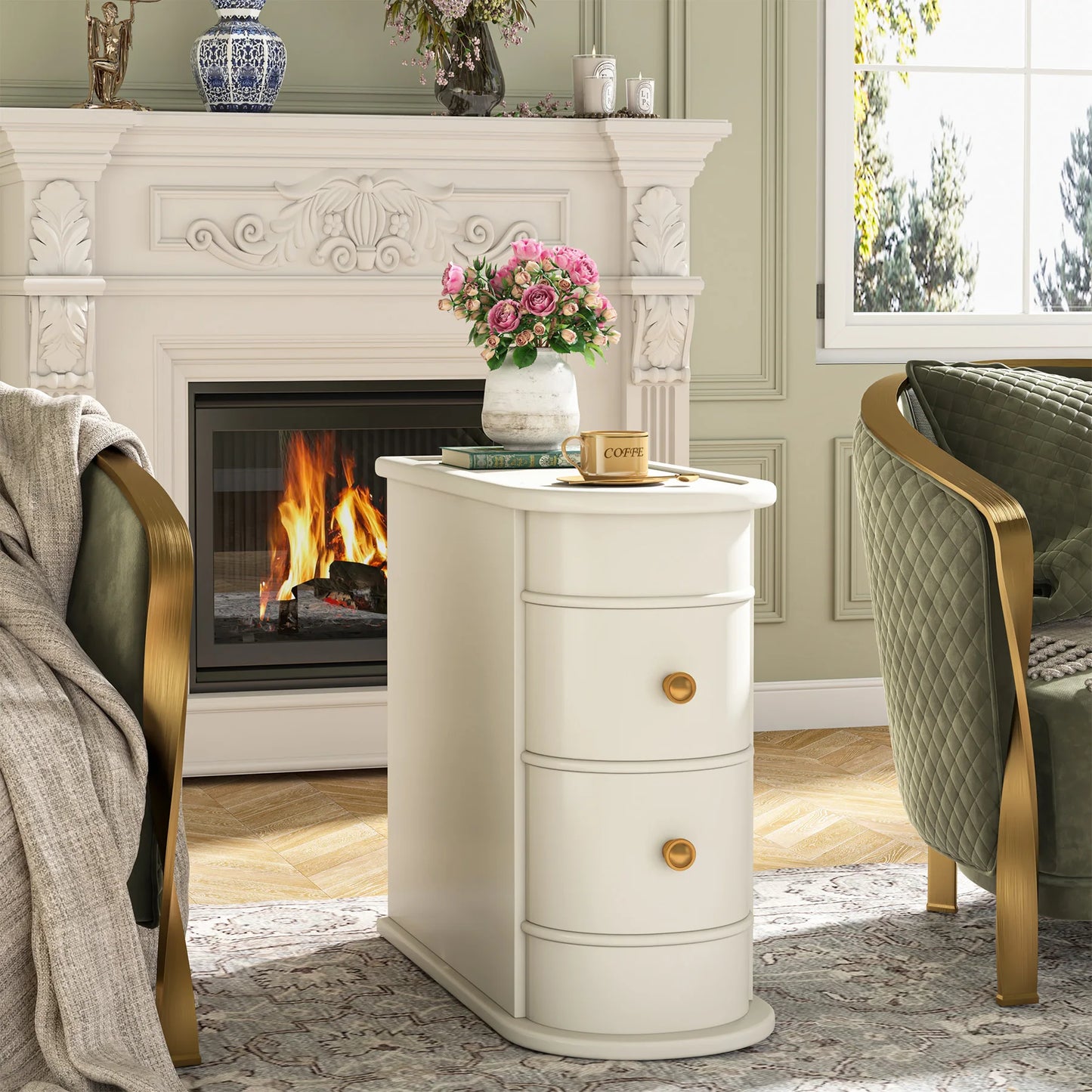 Tribesigns End Table Round Solid Wood Sofa Bedside Narrow Bedroom Side Table Nightstand with Drawer