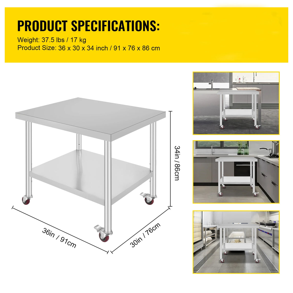 SucceBuy Stainless Steel Kitchen Worktable Shelves Commercial Work Bench Table with Caster Wheels for Home Restaurant Storage