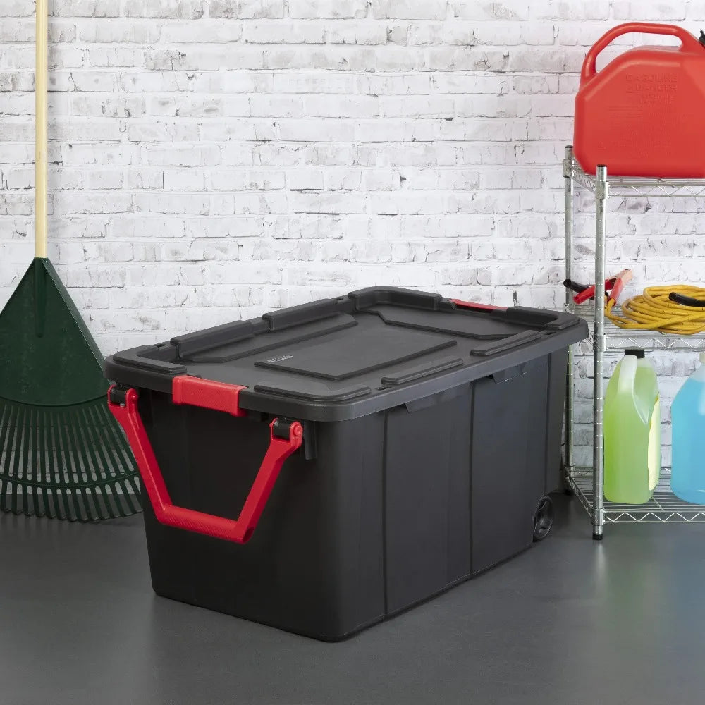 Sterilite Extra Large Storage Bin, 40 Gallon Wheeled Plastic Storage Container with Handle, Black, Pack of 2, Industrial