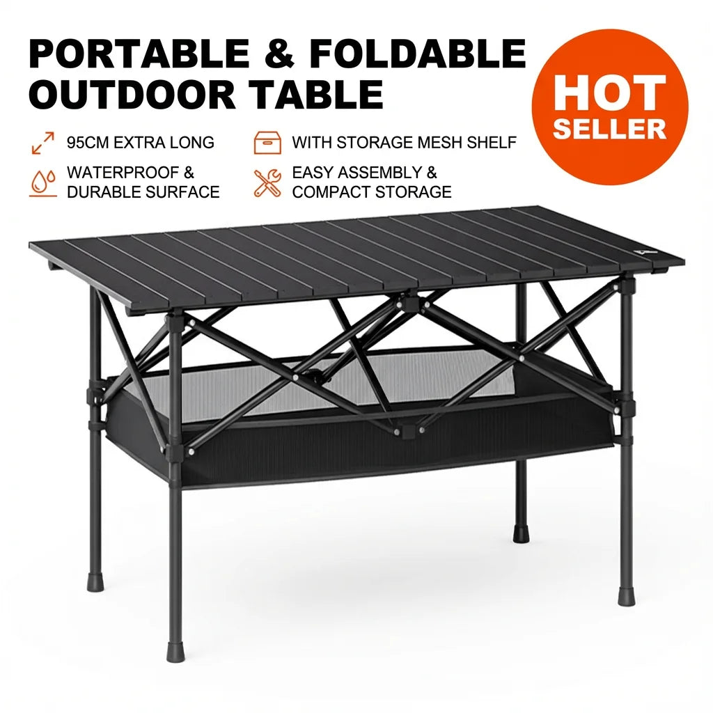 Portable Folding Outdoor Table, 95cm/120cm Lightweight Camping Table with Mesh Storage Shelf, Waterproof Scratch-Resistant Top, Carry Bag Included for Picnic, Beach & RV