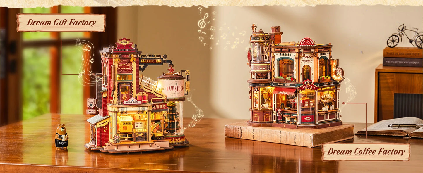 ROKR Wooden 3D Puzzle Dream Coffee Factory Music Box Model Building Kit 593-piece DIY Miniature House Kit with LED Light Unique Home Decor Gift for Adults Women