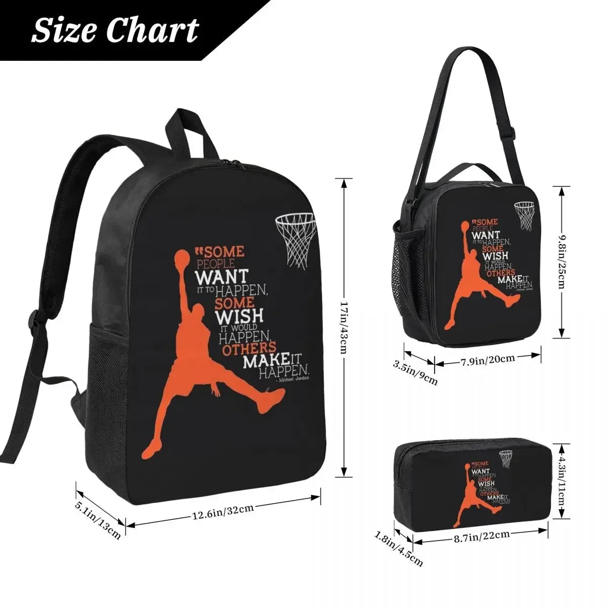 Basketball Dream Art Backpack Boys Girls BookBag School Bag Shoulder Bags 3ps Insulated Lunch Bag Pencil Case