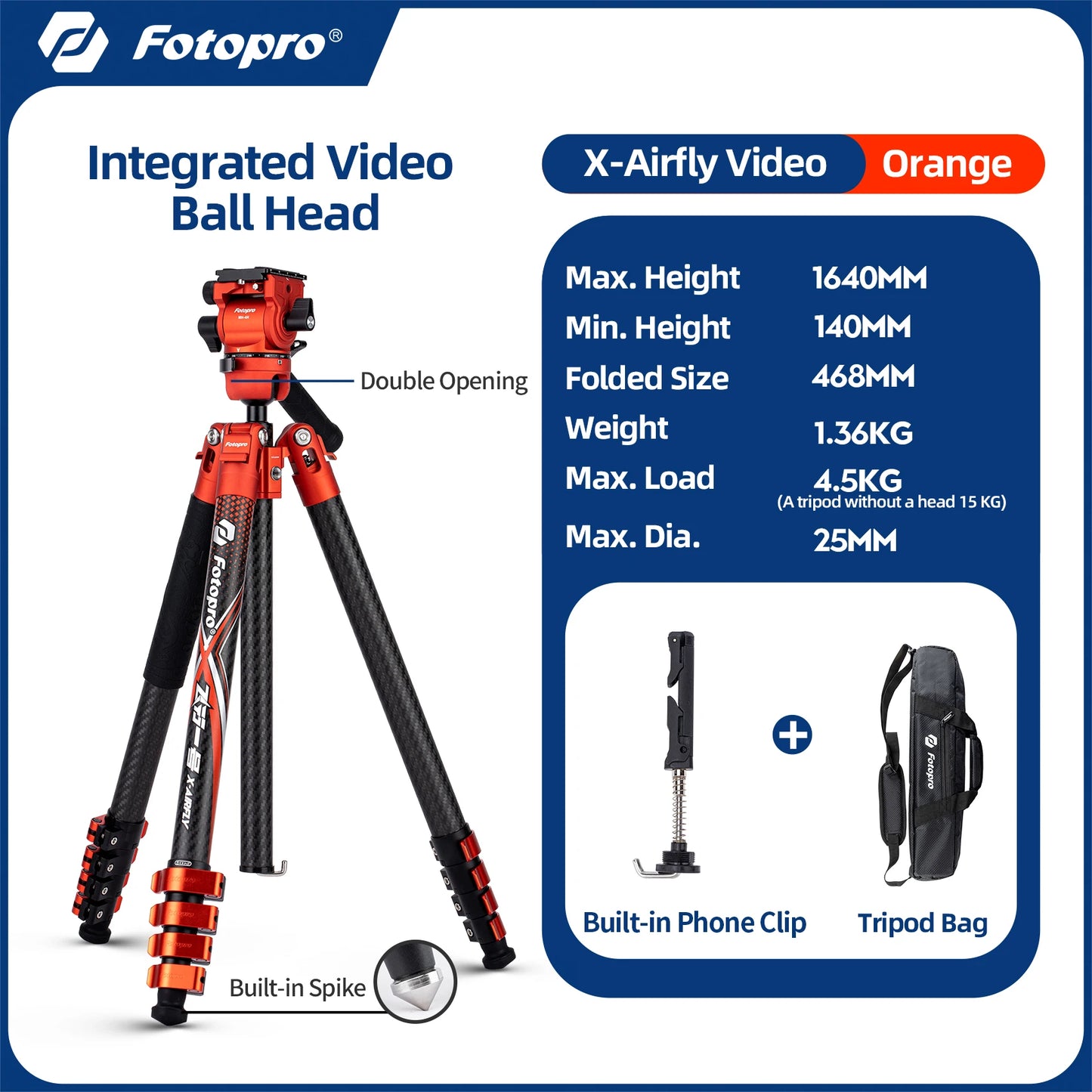 Fotopro X-Airfly Video Carbon Fiber Tripod 164CM Portable Travel Tripod for Camera with  Ball Head Fluid Head  Flip Lock