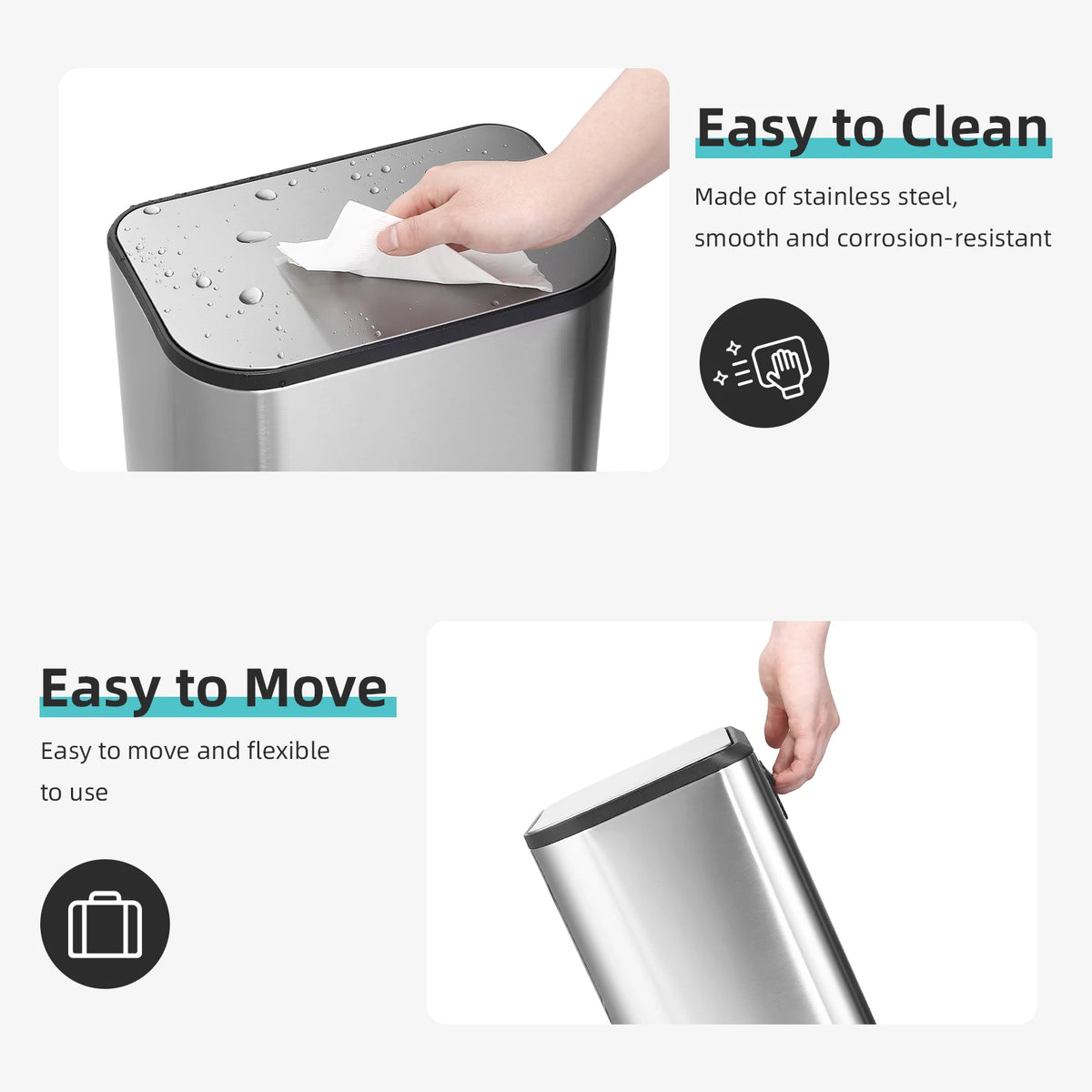 20/50L Stainless Steel Kitchen Trash Can Soft-Close Lid - Removable Inner Bucket  Hands-Free Step Pedal,Rectangular Wastebasket for Kitchen, Office, Bathroom, Bedroom