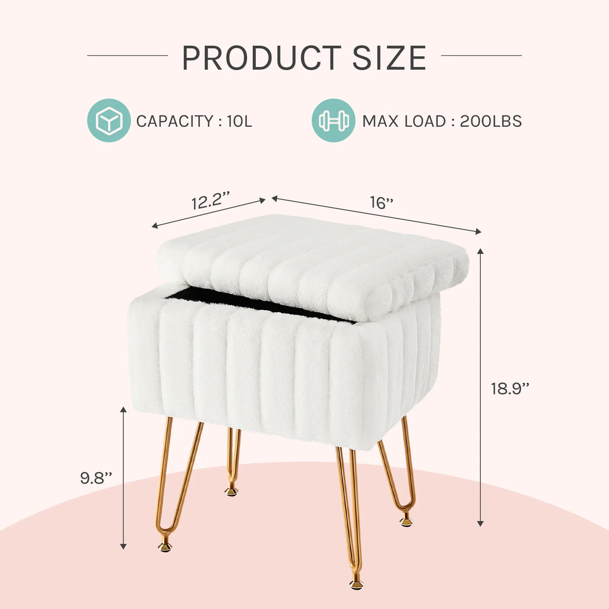 JHK Faux Fur Upholstered Storage Ottoman Metal Legs Padded Seat