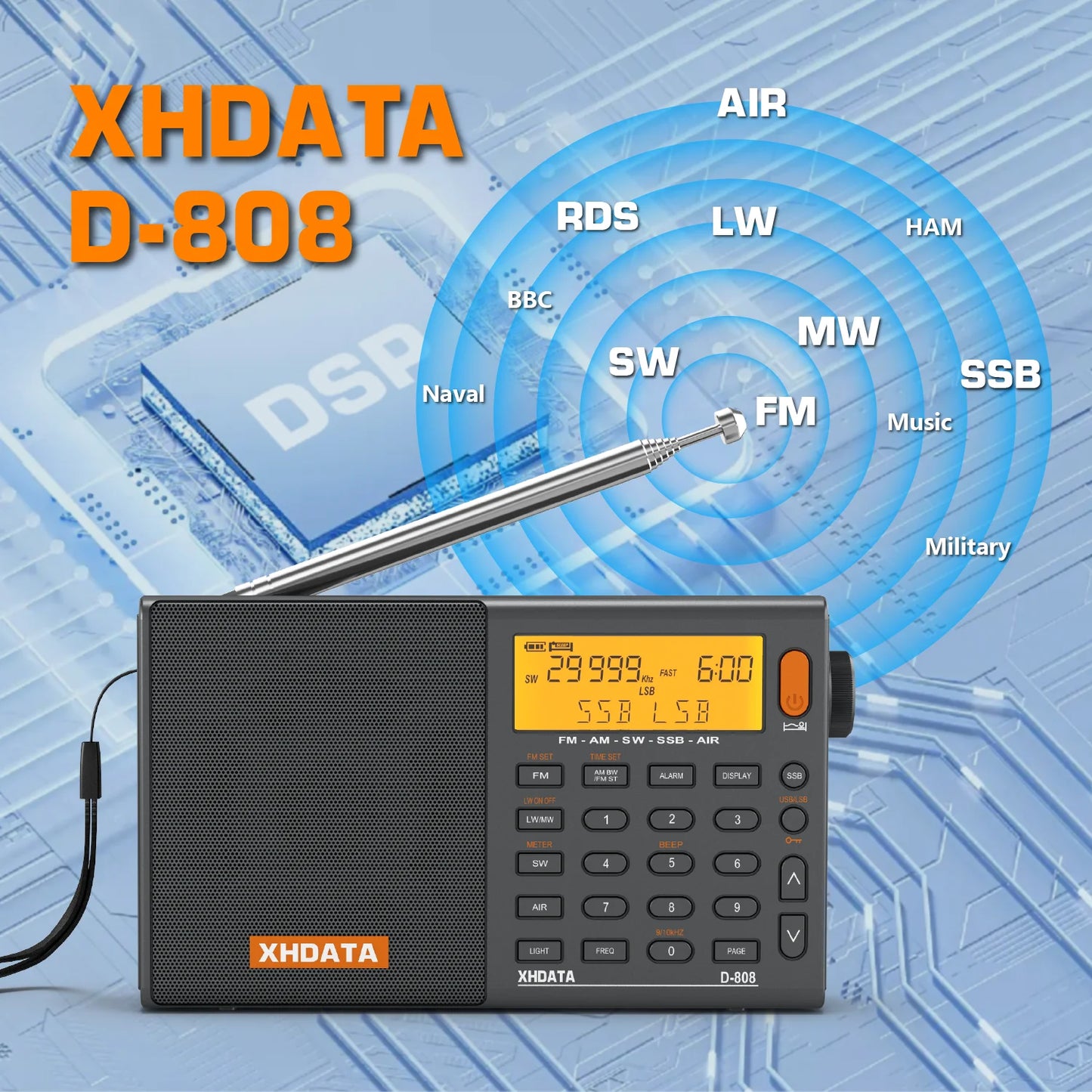 XHDATA D-808 Portable AM/FM/SW/MW Radio With RDS SSB