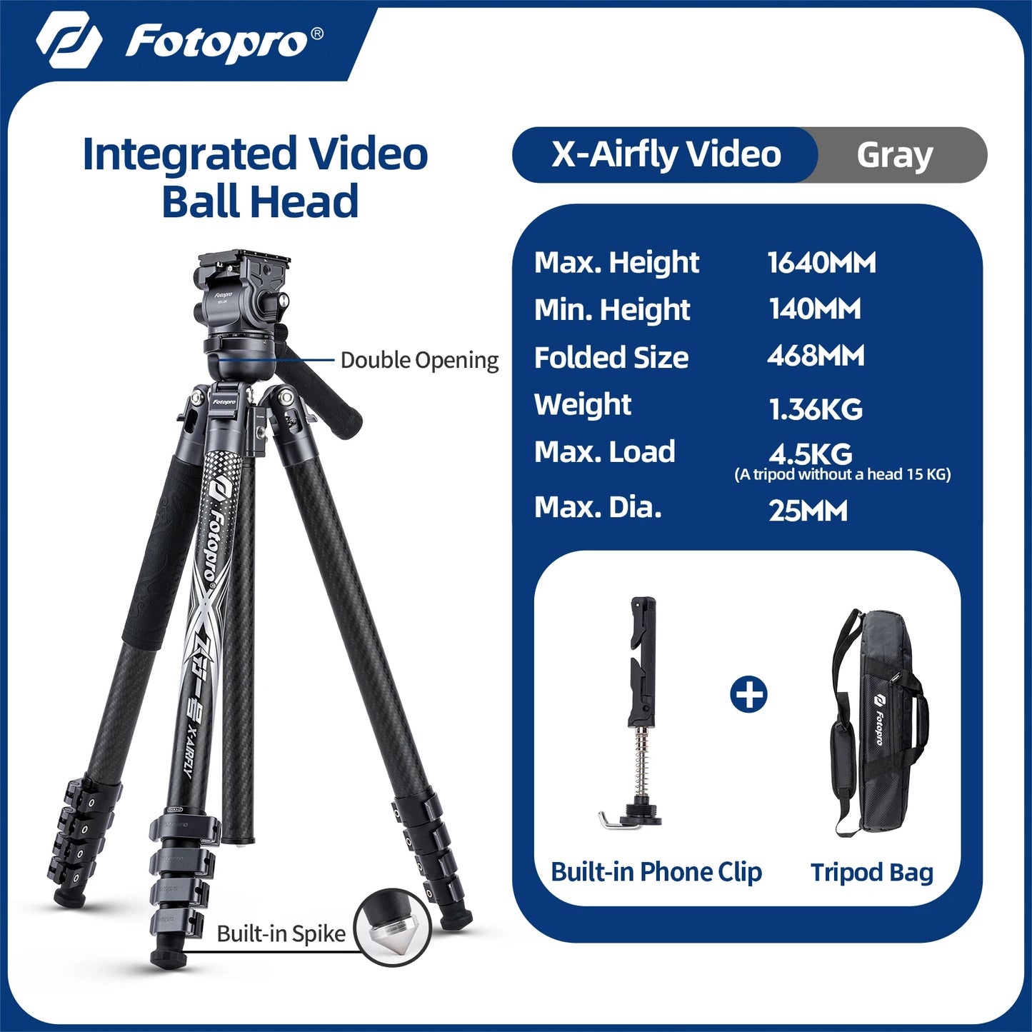 Fotopro X-Airfly Video Carbon Fiber Tripod 164CM Portable Travel Tripod for Camera with  Ball Head Fluid Head  Flip Lock