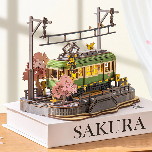 Rolife Wooden 3D Puzzle Sakura Journey Tram DIY Model Building Toy with LED for Bookshelf Home Decor Gifts for Adults Family
