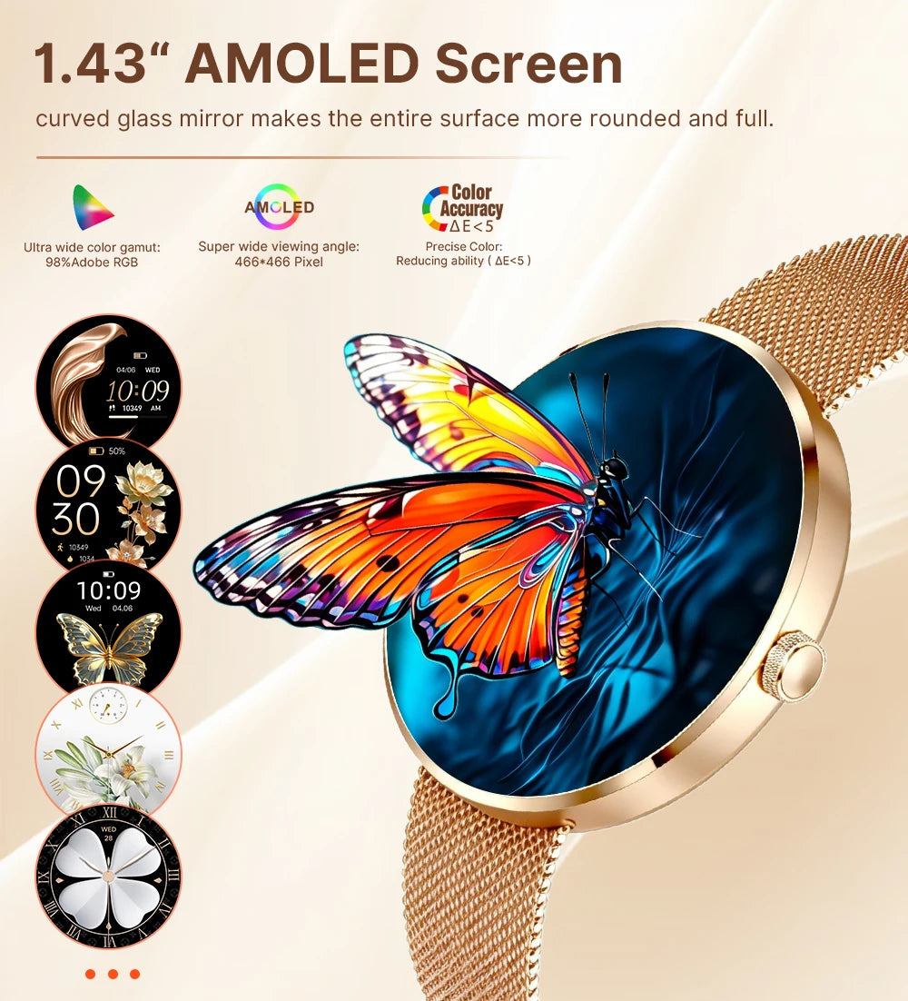 MEVADEN 1.43" AMOLED Screen Women Smart Watch 8.5mm Ultra-thin Stainless Steel Luxury Smartwatch Health Monitor Sport Watch H33