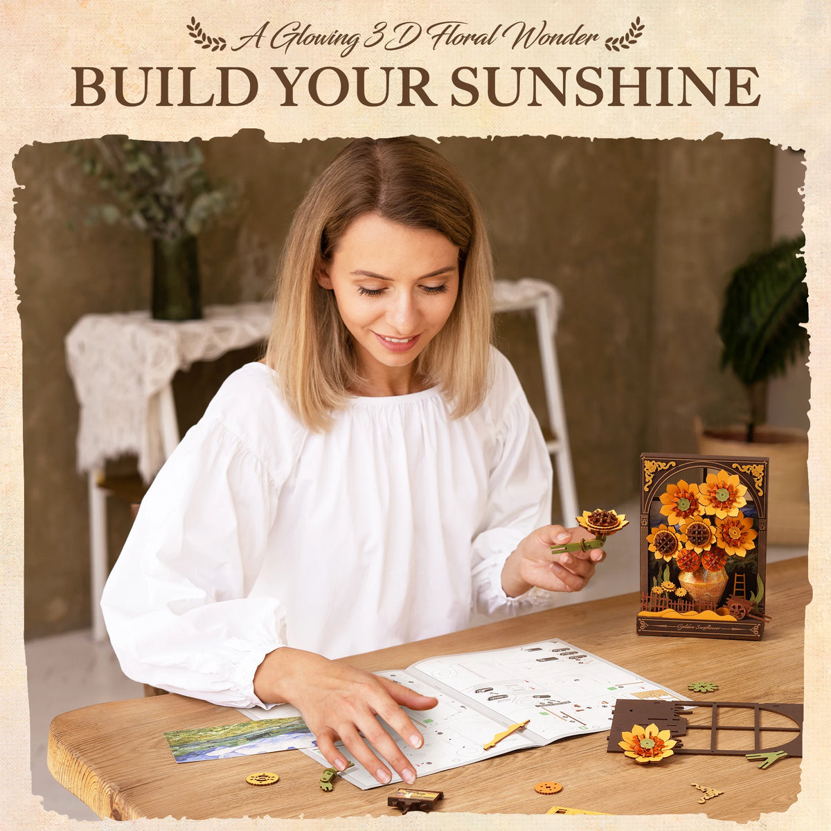 ROKR Wooden Flower Golden Sunflower Building Sets for Adult with Lights TH002, Van Gogh Wall Art Crafts, Painting Frame Room Decor, Valentine's Day/Anniversary/Birthday Gifts for Women, 266PCS