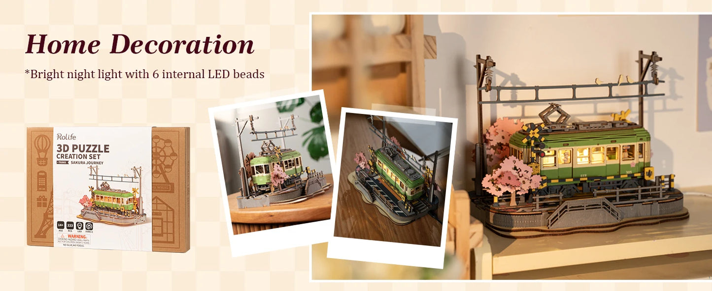 Rolife Wooden 3D Puzzle Sakura Journey Tram DIY Model Building Toy with LED for Bookshelf Home Decor Gifts for Adults Family