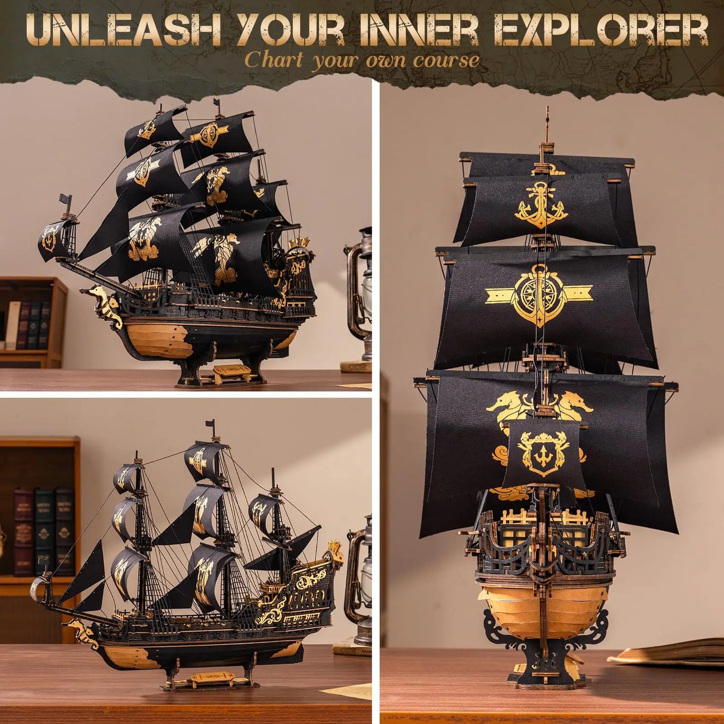 ROBOTIME 3D Wooden Puzzle  Wooden Ship Model Kits for Teens&Adults to Build Home Desk Decoration Gifts (The Seahorse Barque)
