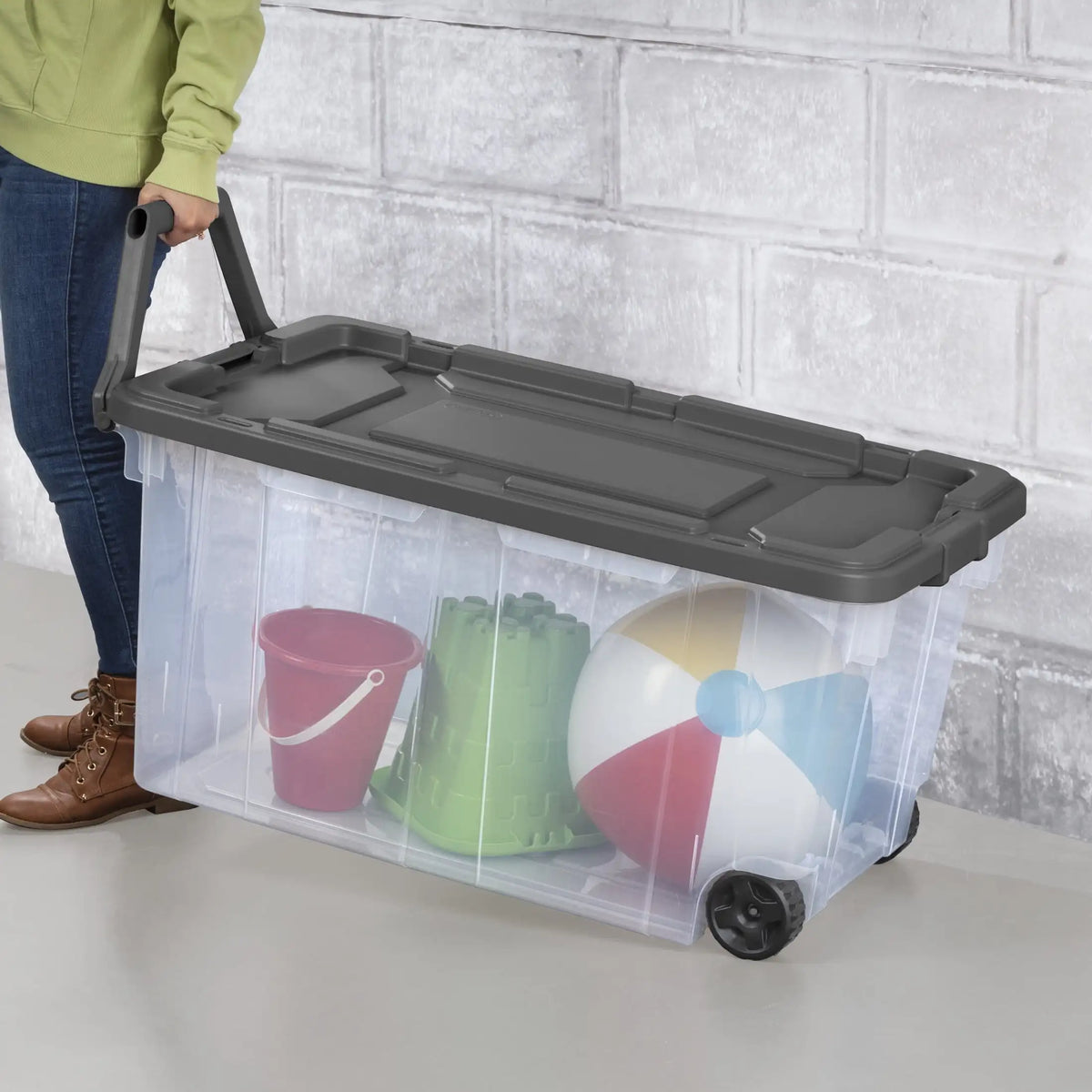 Sterilite Extra Large Storage Bin, 40 Gallon Wheeled Plastic Storage Container with Handle, Black, Pack of 2, Industrial