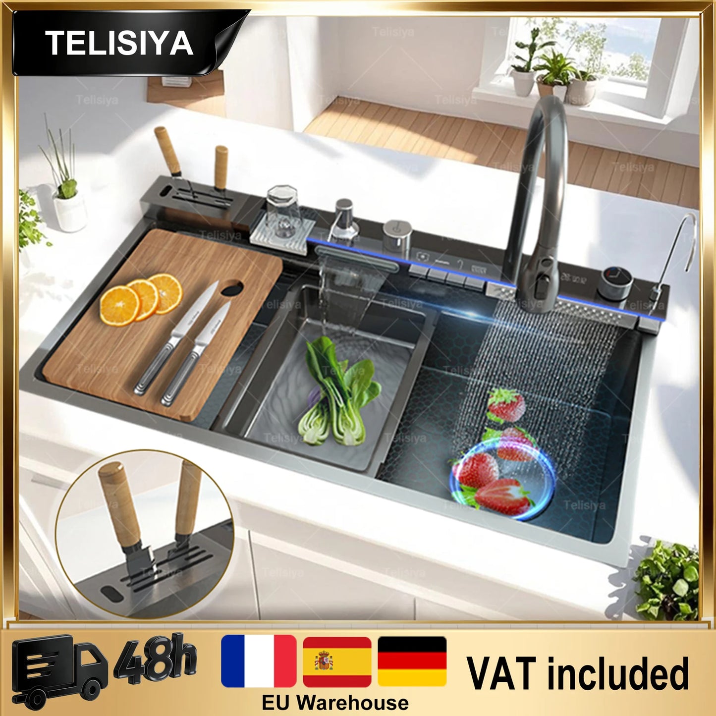 Stainless Steel Kitchen Sink Multifunctional Digital Display Waterfall Large Single Slot Ships from the U.S.