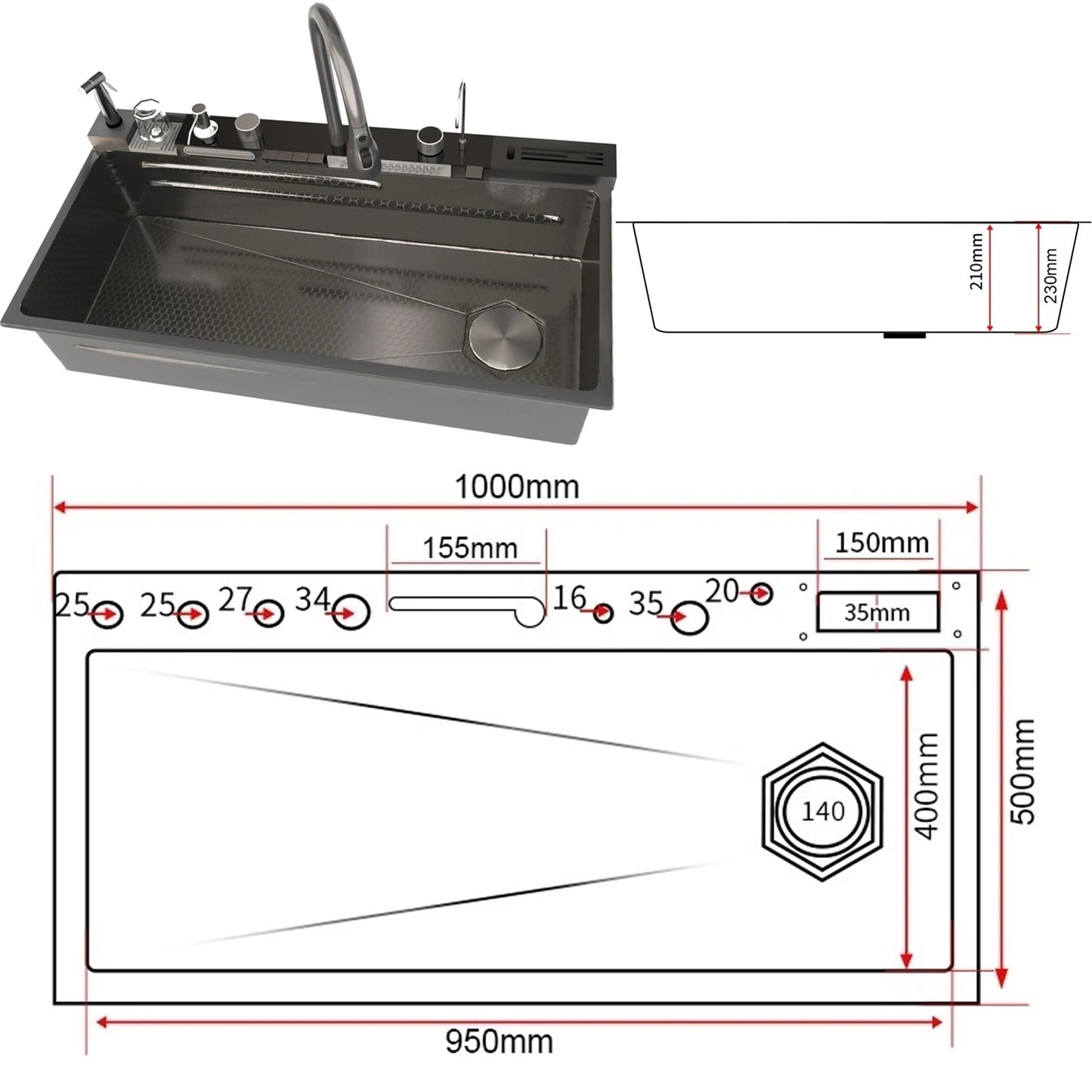 Stainless Steel Kitchen Sink Multifunctional Digital Display Waterfall Large Single Slot Ships from the U.S.