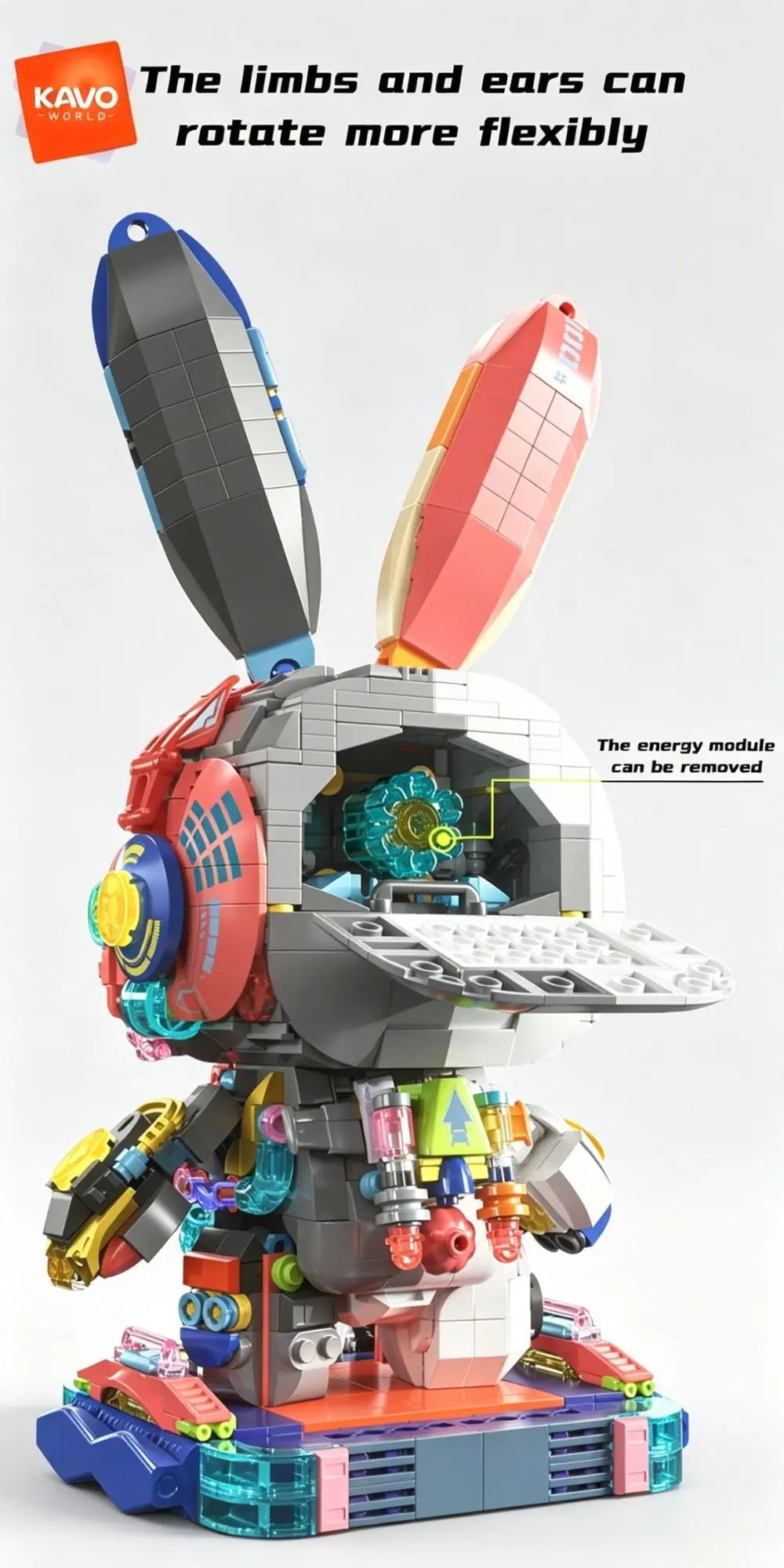 KAVOWORLD 1377pcs Mecha Technical Rabbit Building Blocks Set Cyber Bunny Model Kit Mechanical Animal Building Bricks Robot Bunny Figure Cyborg Toy Tech Bunny LED Light Up Glow in Dark Collectible Display Posable Joints DIY As