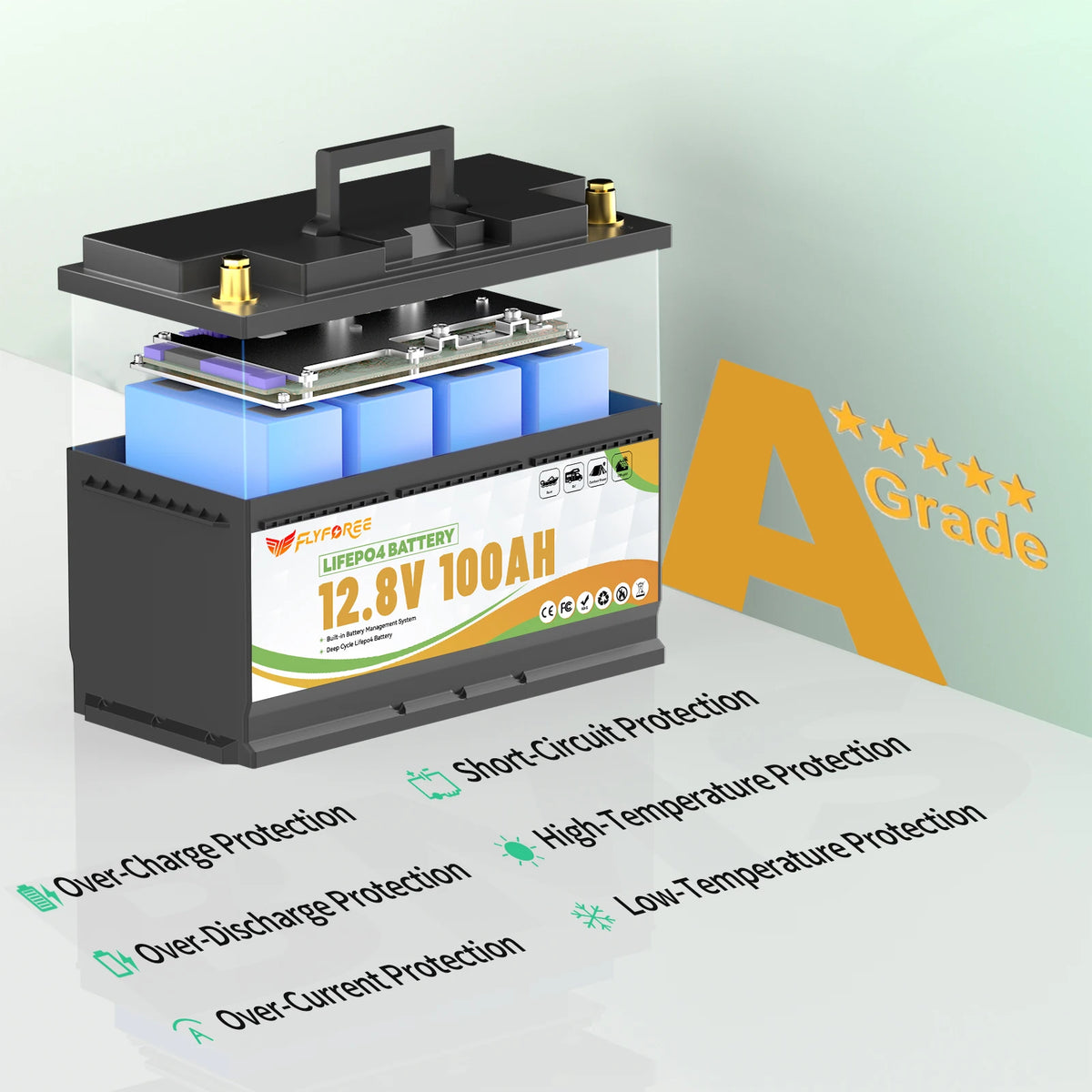FLLYROWTH 12V 100Ah LiFePo4 Lithium Battery Pack With Bluetooth 100A BMS For RV Boat Motor Inverter Solar Wind Off-Road Off-grid LiFePO4 Batter