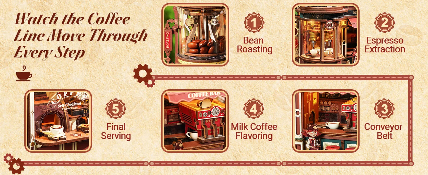 ROKR Wooden 3D Puzzle Dream Coffee Factory Music Box Model Building Kit 593-piece DIY Miniature House Kit with LED Light Unique Home Decor Gift for Adults Women