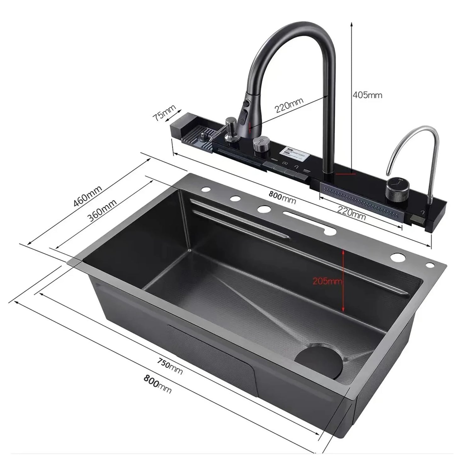 Stainless Steel Kitchen Sink Multifunctional Digital Display Waterfall Large Single Slot Ships from the U.S.