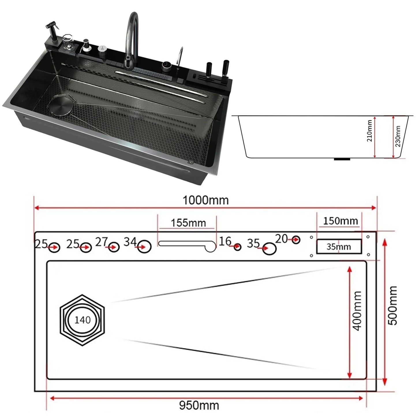 Stainless Steel Kitchen Sink Multifunctional Digital Display Waterfall Large Single Slot Ships from the U.S.