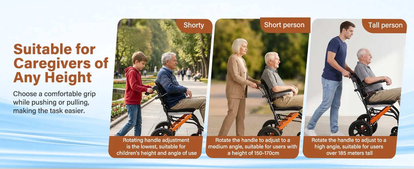 Premium Lightweight Transport Wheelchair for Seniors & Adults, Ergonomic Folding Travel Wheelchair with Adjustable Caregiver