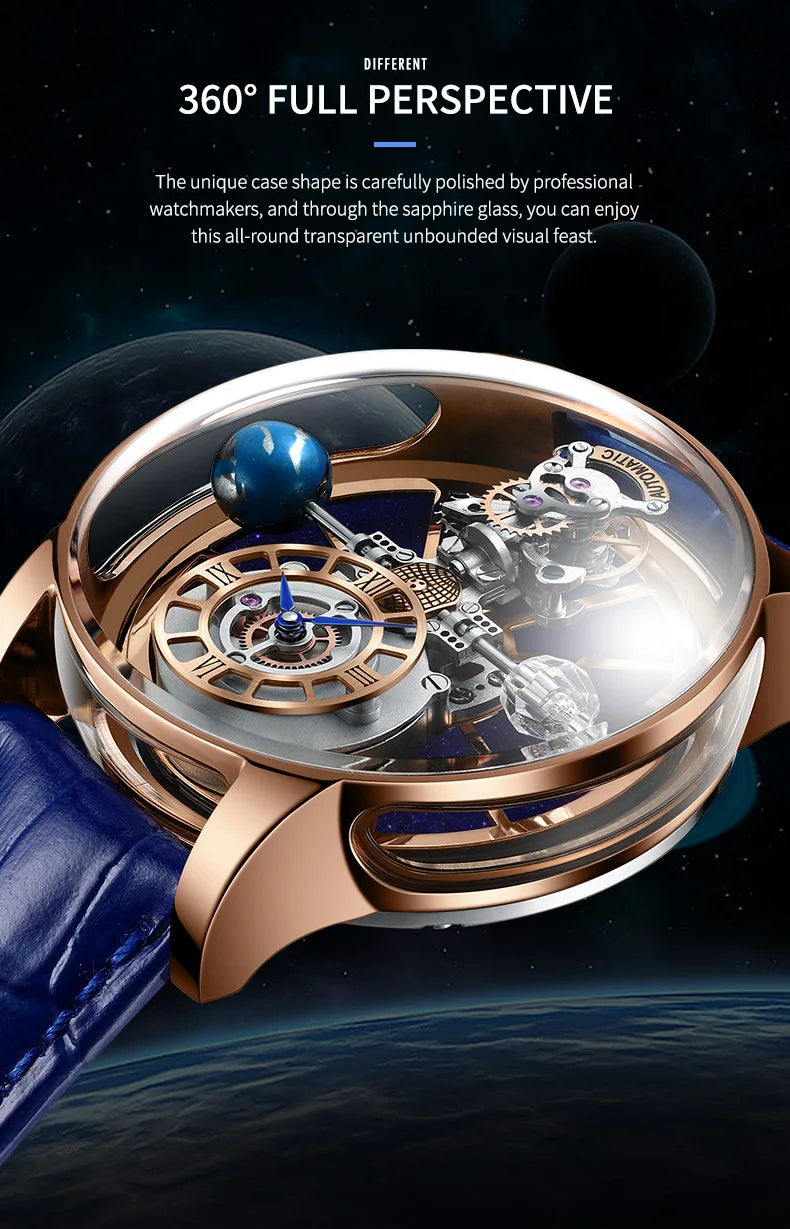 PINDU Design Man Wristwatch Transparent Hollow Design Celestial Roulette Quartz Watches Water Resistant Leather Men's Watch Box