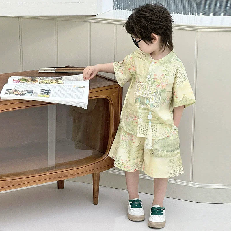 Fashion Baby Tang Costume Tops Pants Two-piece Set Boy Outfit Casual Children's Sets Summer Tweens Boys Hanfu Suit Kids Clothing