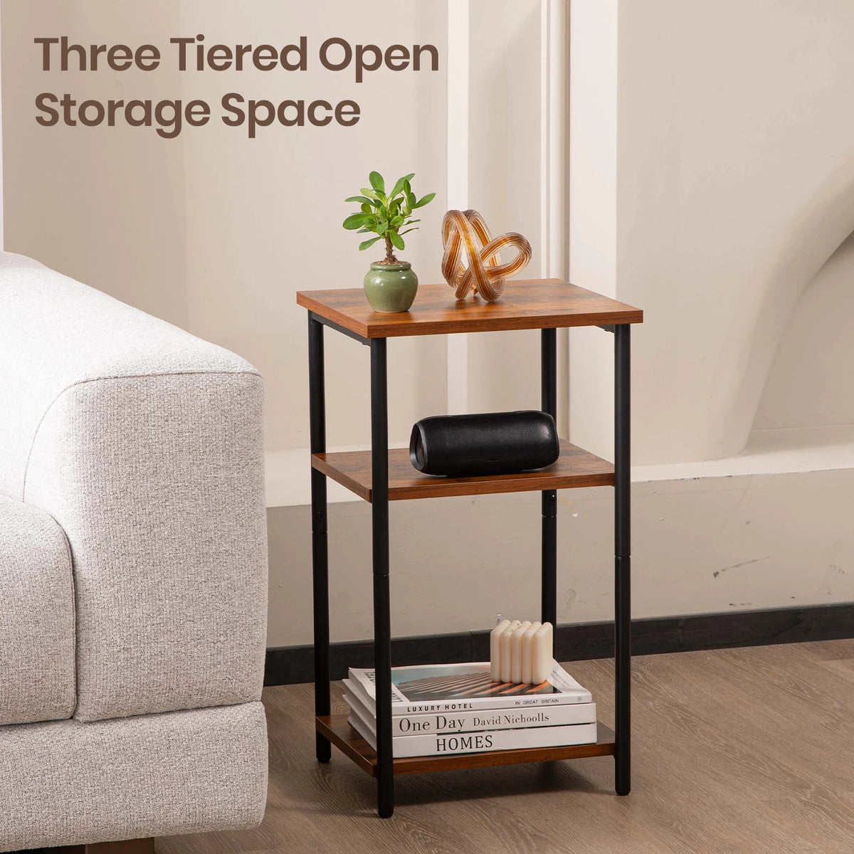 JHK 2/3-Tier End Table Side Tables with Adjustable Feet Small Nightstand Steel Frame Space-Saving for Bedroom Living Room Office
