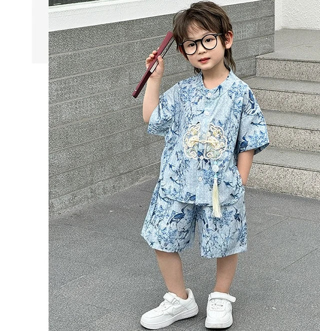 Fashion Baby Tang Costume Tops Pants Two-piece Set Boy Outfit Casual Children's Sets Summer Tweens Boys Hanfu Suit Kids Clothing