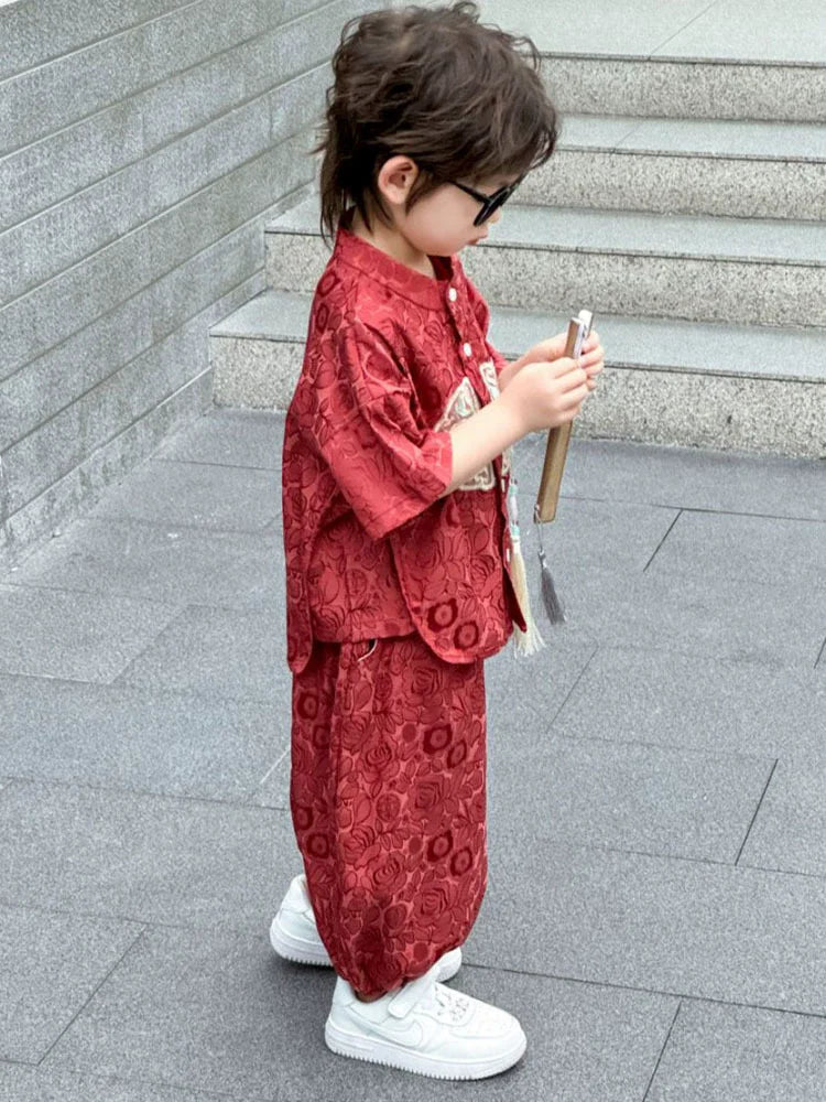 Fashion Baby Tang Costume Tops Pants Two-piece Set Boy Outfit Casual Children's Sets Summer Tweens Boys Hanfu Suit Kids Clothing