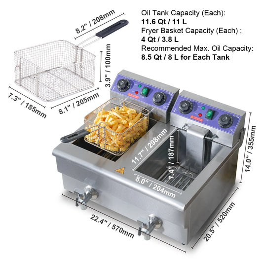 SucceBuy  12L Electric Deep Fryer w/Dual Removable Tanks Commercial Countertop  Fryer for Chicken French Fries Frying Chips