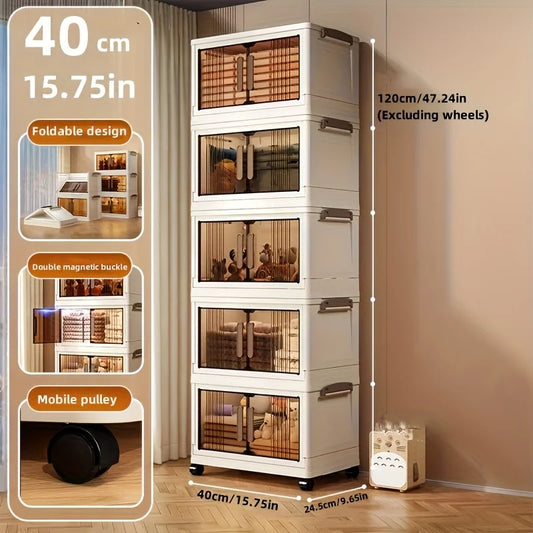 4/5-Tier Heavy-Duty Plastic Folding Storage Cabinet with Lid - Foldable & Stackable Shelving Unit, Wheeled Container Suitable fo