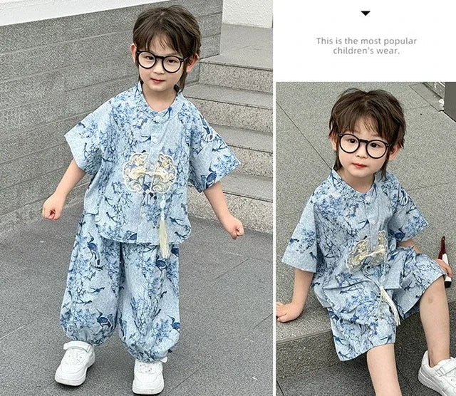 Fashion Baby Tang Costume Tops Pants Two-piece Set Boy Outfit Casual Children's Sets Summer Tweens Boys Hanfu Suit Kids Clothing