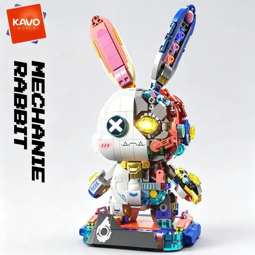 KAVOWORLD 1377pcs Mecha Technical Rabbit Building Blocks Set Cyber Bunny Model Kit Mechanical Animal Building Bricks Robot Bunny Figure Cyborg Toy Tech Bunny LED Light Up Glow in Dark Collectible Display Posable Joints DIY As