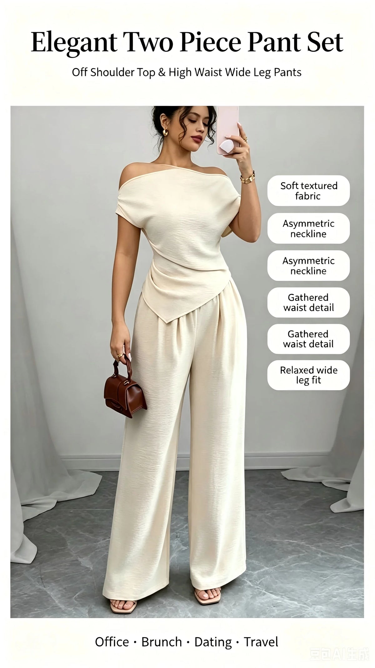 Elegant Pure Color Ladies Asymmetric Top And Wide Leg Pants 2-Piece Set for Commuting Casual Vacations Fashionable New Arrival