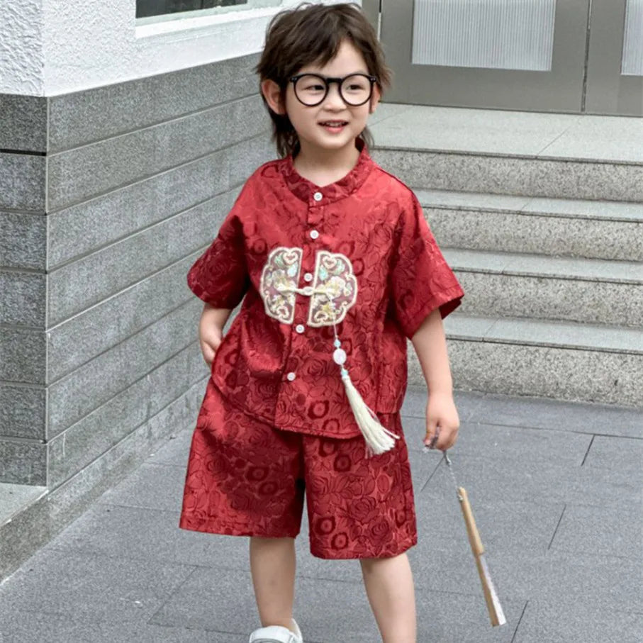 Fashion Baby Tang Costume Tops Pants Two-piece Set Boy Outfit Casual Children's Sets Summer Tweens Boys Hanfu Suit Kids Clothing