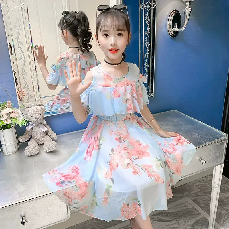 Summer Thin Girl Dress Floral Chiffon Princess Children's Dress Vestidos Summer Girls Casual Dresses Robe Fille Kids Clothes