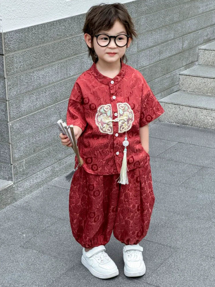 Fashion Baby Tang Costume Tops Pants Two-piece Set Boy Outfit Casual Children's Sets Summer Tweens Boys Hanfu Suit Kids Clothing