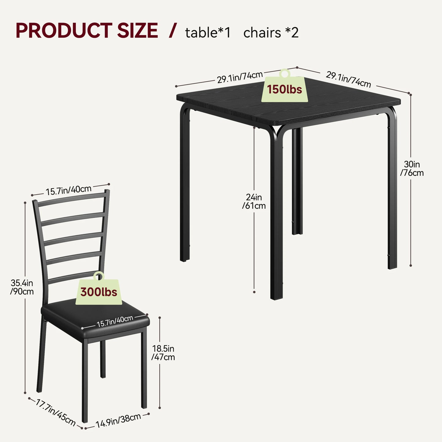 3-Piece Modern Square Dining Table Set for 2  Space-Saving Table & Chairs – Sturdy Metal Frame for Small Apartments, Kitchens or Breakfast Nooks