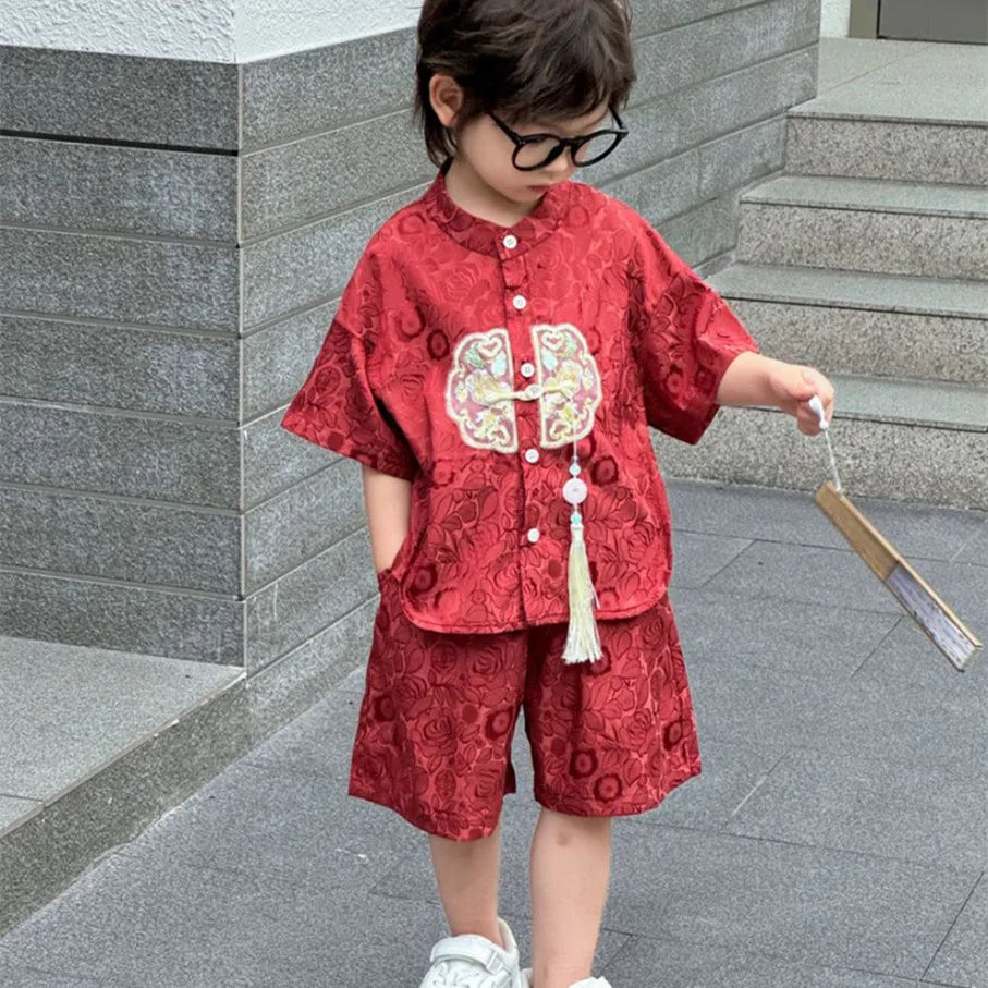 Fashion Baby Tang Costume Tops Pants Two-piece Set Boy Outfit Casual Children's Sets Summer Tweens Boys Hanfu Suit Kids Clothing