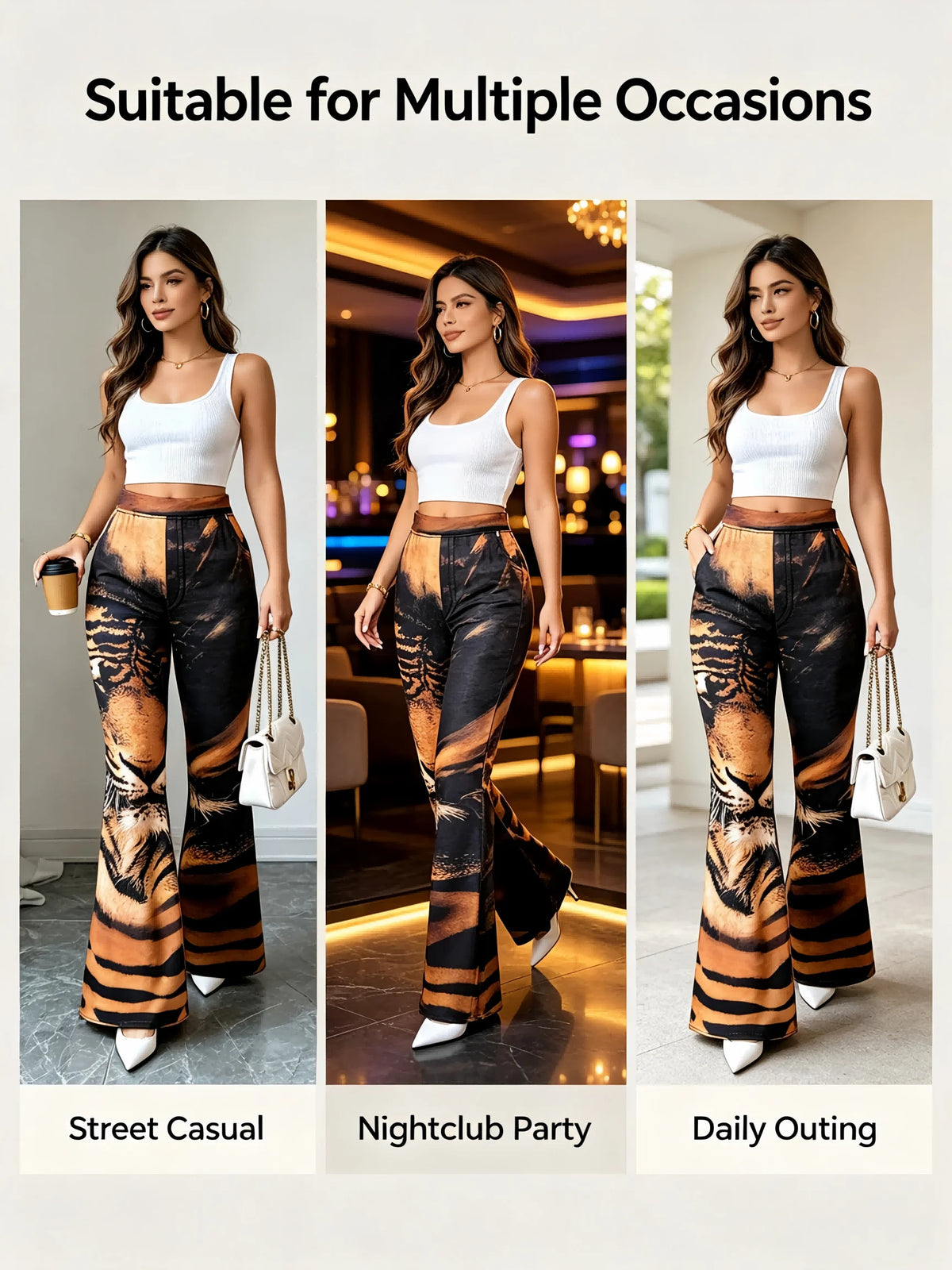 Women High Waist Tiger Print Flare Pants Vintage Animal Pattern Stretch Bell‑Bottom Trousers Club Party Streetwear Pants
