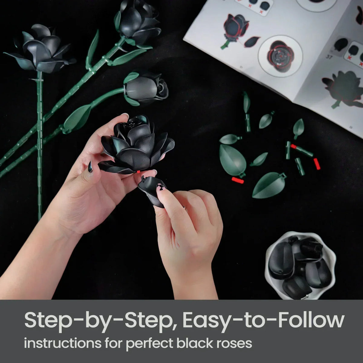 Black Roses Block Flower Building Set Simulated Rose Artificial Floral Wedding Home Decoration Bouquet Brick Toy Gift for Adults