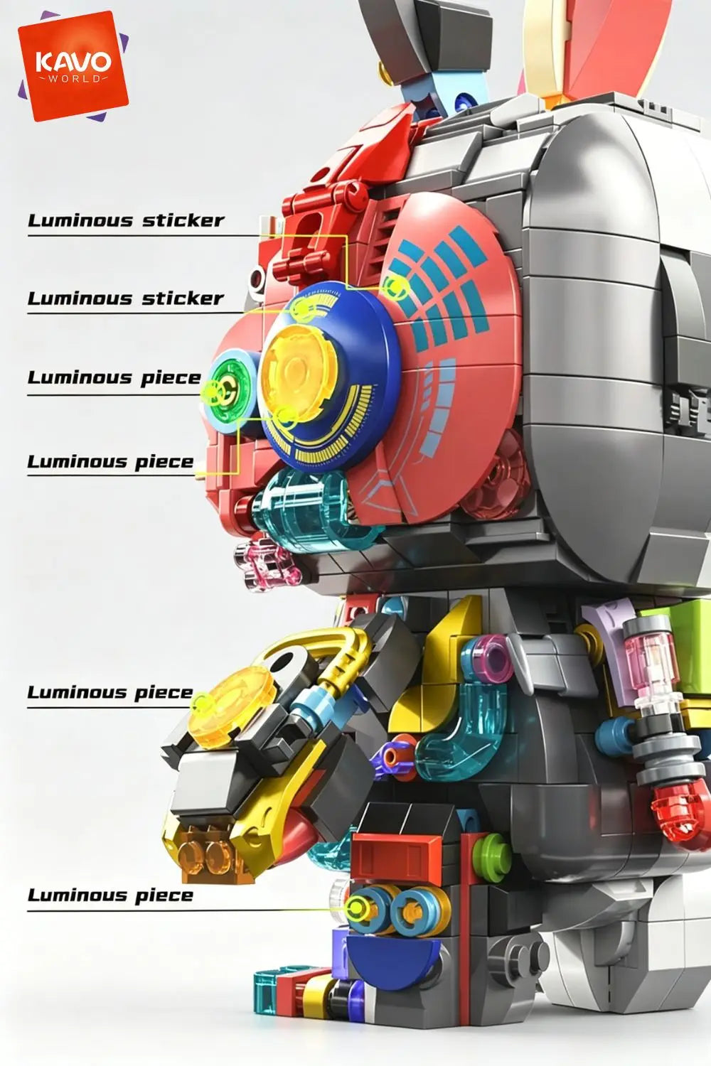 KAVOWORLD 1377pcs Mecha Technical Rabbit Building Blocks Set Cyber Bunny Model Kit Mechanical Animal Building Bricks Robot Bunny Figure Cyborg Toy Tech Bunny LED Light Up Glow in Dark Collectible Display Posable Joints DIY As